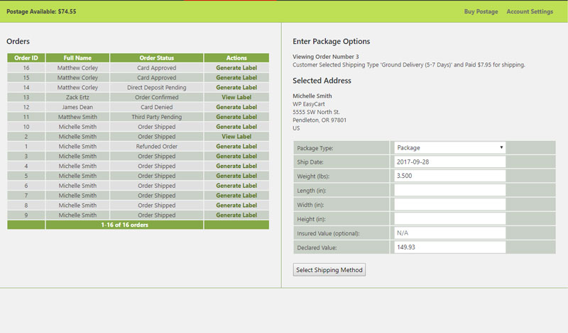 Confirm package size and wieght